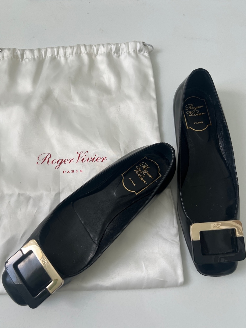 Roger Vivier Black Patent Leather Ballet style Flats with Gold Buckle